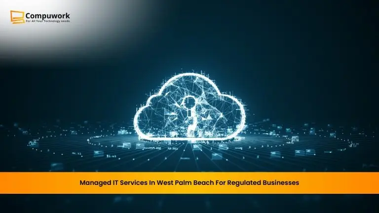 A glowing digital cloud with a keyhole lock inside a network grid, featuring the Compuwork logo and text for managed IT services in West Palm Beach.
